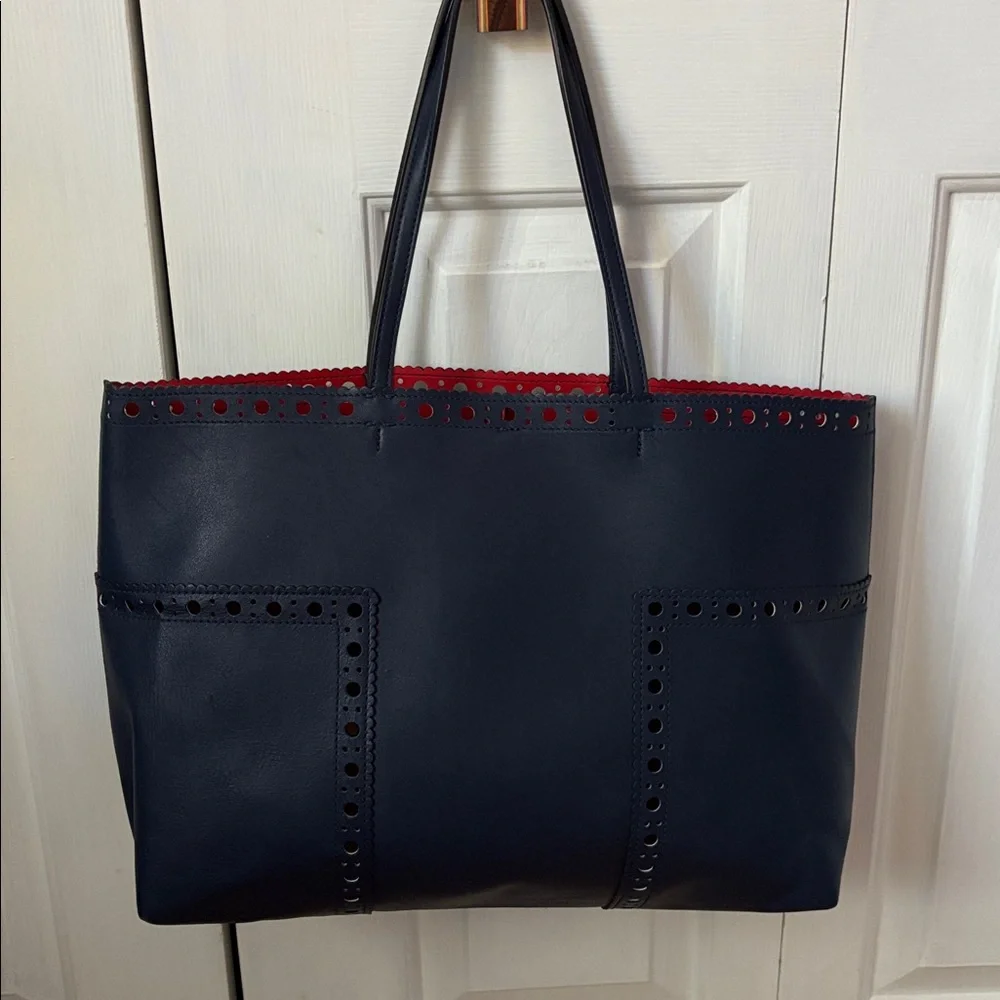 Tory Burch Block T Brogue Leather Tote Blue